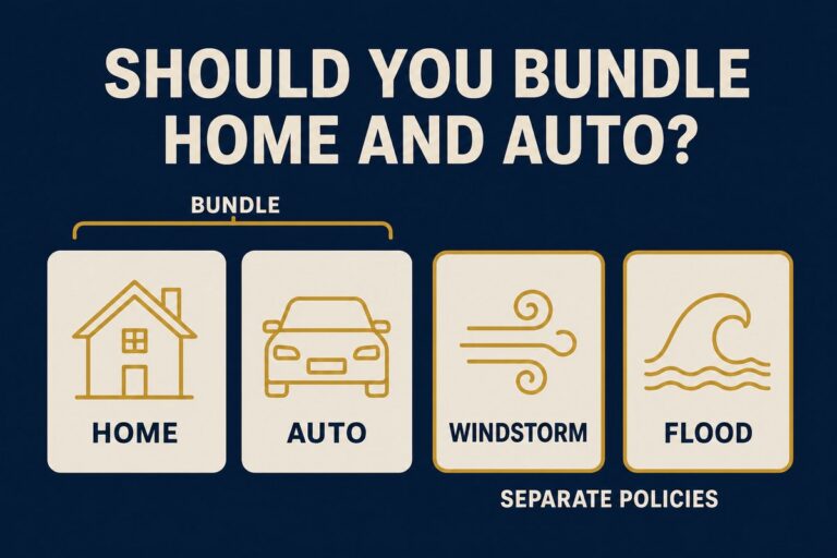 Should you bundle home and auto in Texas: home and auto bundle together while windstorm and flood are separate policies