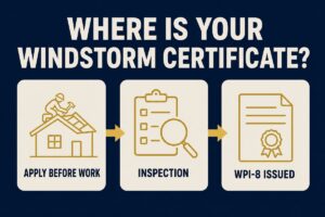 Windstorm certificate process in Texas: apply before work, inspection, WPI-8 issued